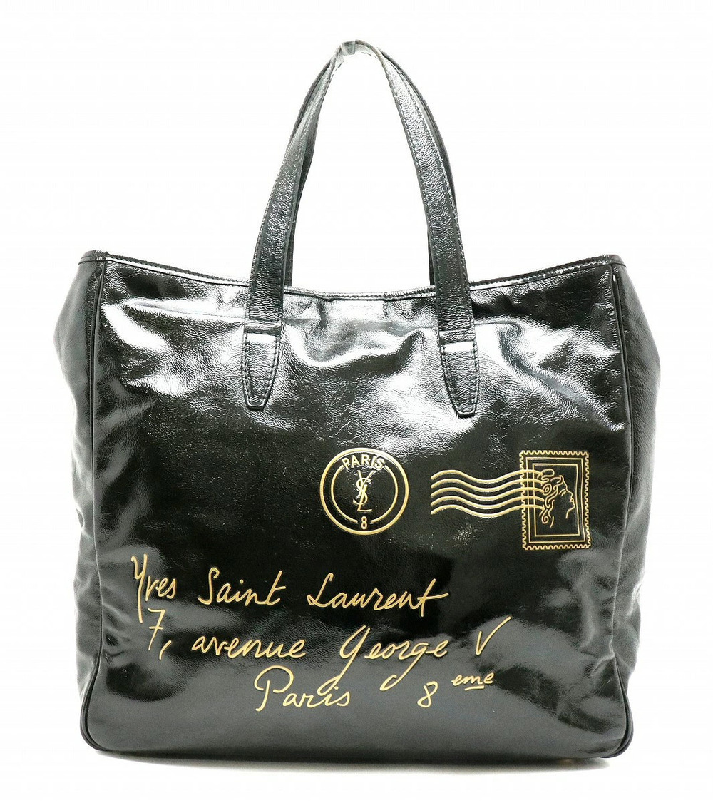 Saint Laurent Yves YSL Yves Y mail Tote Bag Shoulder Patent Vernis Leather Black